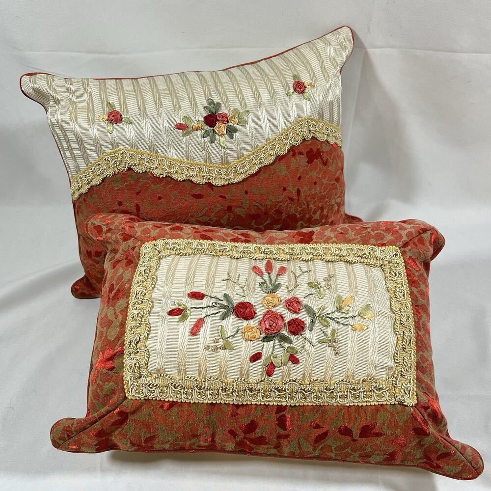 Vintage Rust Accent Pillows Gold Brocade Ribbon Embroidered Flowers Set of 2